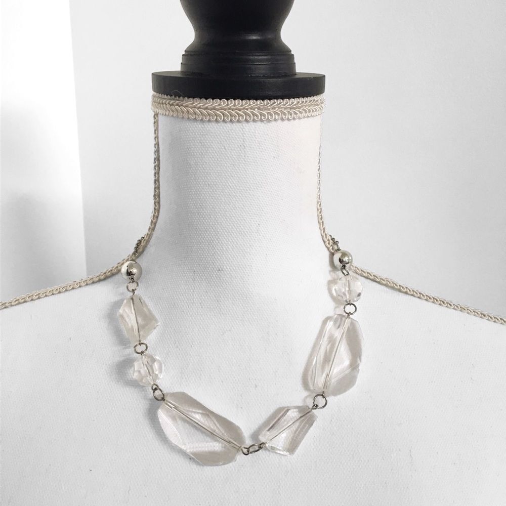 Clear Multi Shape Chunky Stone Statement Necklace Silver Tone Costume Jewelry